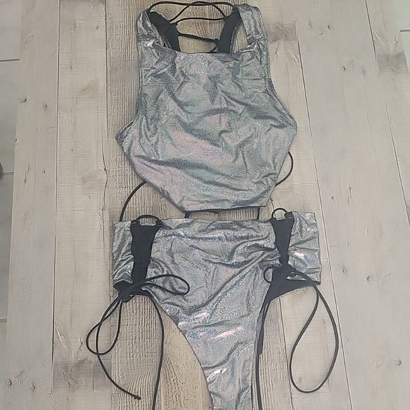 Women's Mini Metallic Hologram Two Piece Party Clubwear Beach Wear - Picture 14 of 16